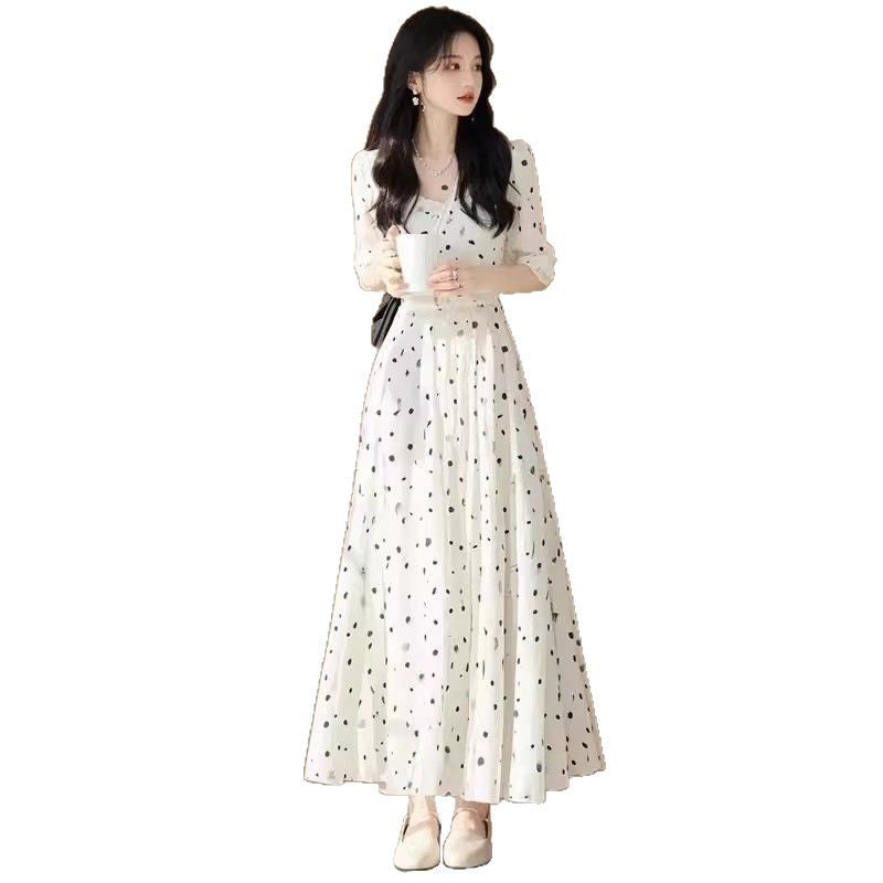 Fashion Polka-dot Cinched French Style Temperament Slimming Mid-length Dress