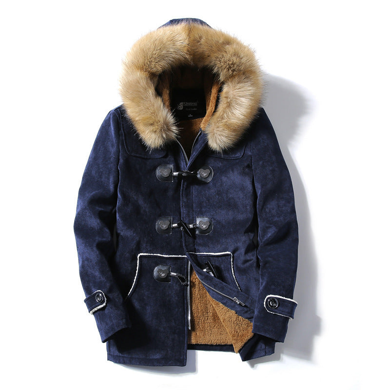 Furry Collar Horn Buckle Deer Velvet Leather Coat Men