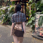 American Hot Girl Backless Lace Up Plaid Shirt Women's Spring And Summer New Slim Fit