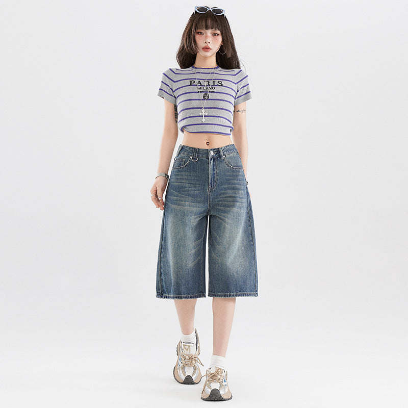 Women's American-style Retro High Street Denim Cropped Pants Summer