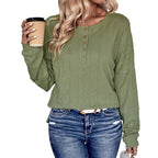 Crew Neck Casual Green Button Jacquard Sweater