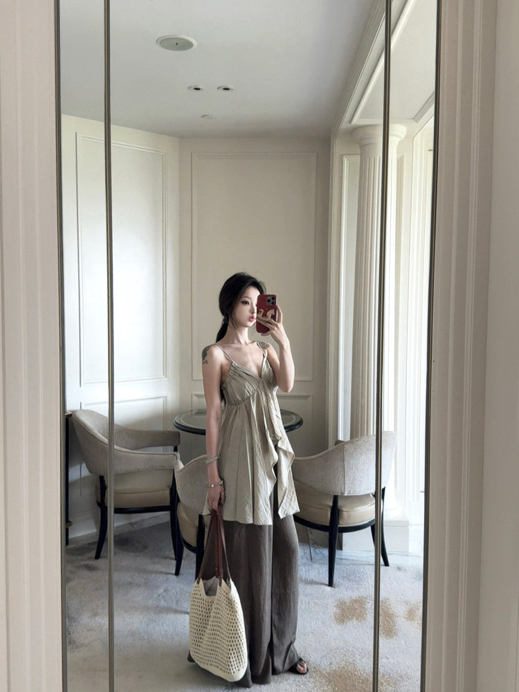 Linen Blended Irregular Vacation Spaghetti Straps Vest
