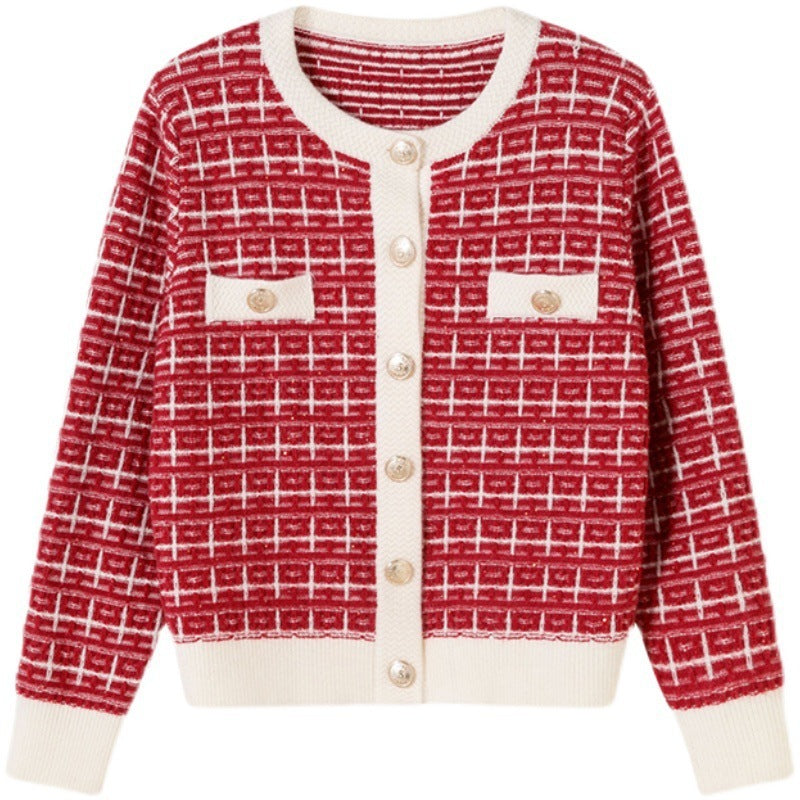 Round Neck Plaid Knitwear Cardigan Gentle Women's Coat