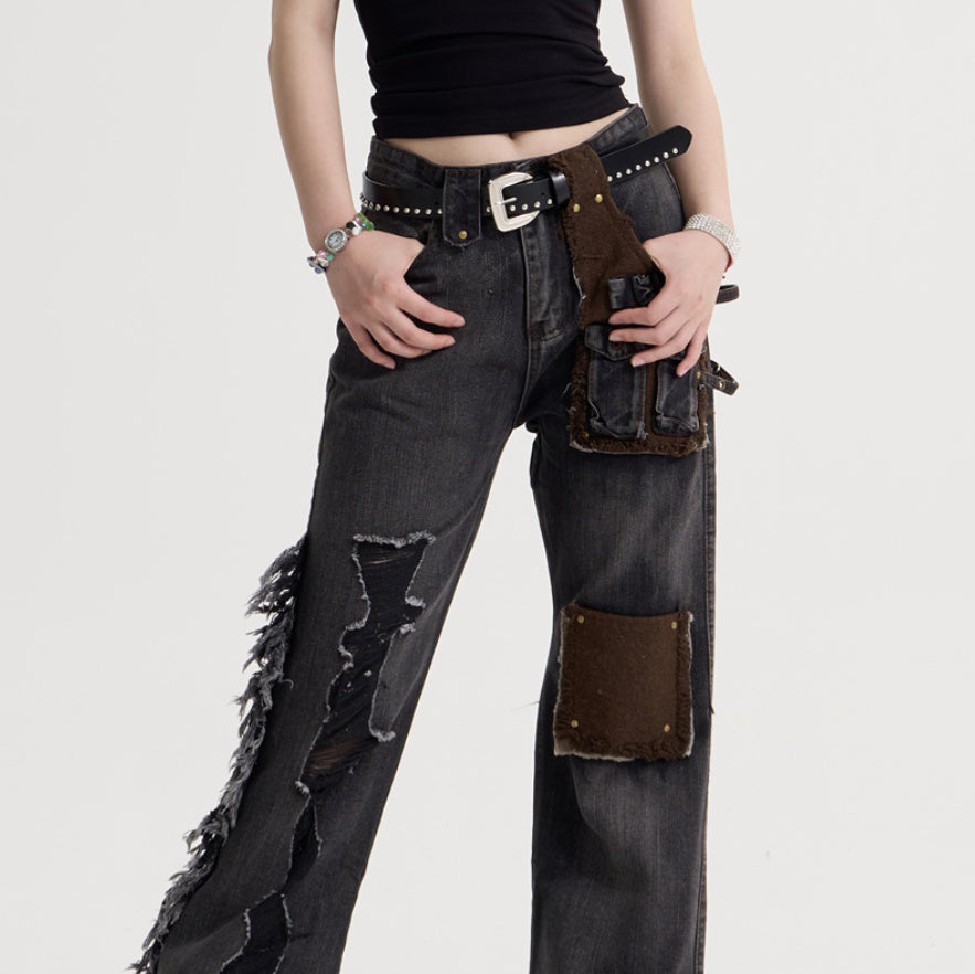 Women's American-style Retro Tassel Patch Stitching Jeans