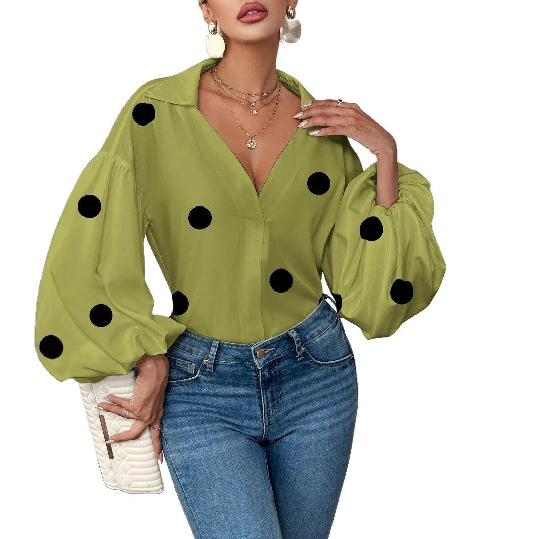 Niche Fashionable French Polka Dot Half-open Collar Design Loose Bubble Long Sleeve Top