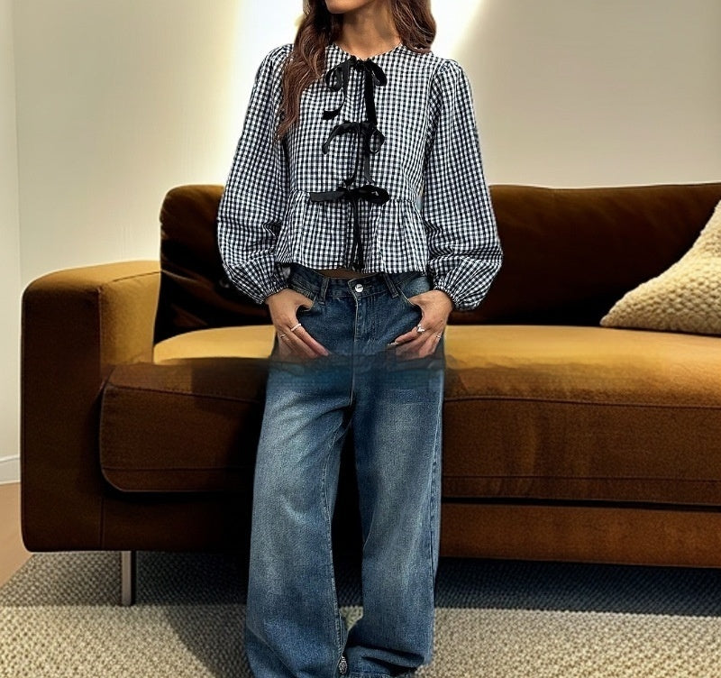 Summer Women's Plaid Loose Bow Long Sleeve Shirt